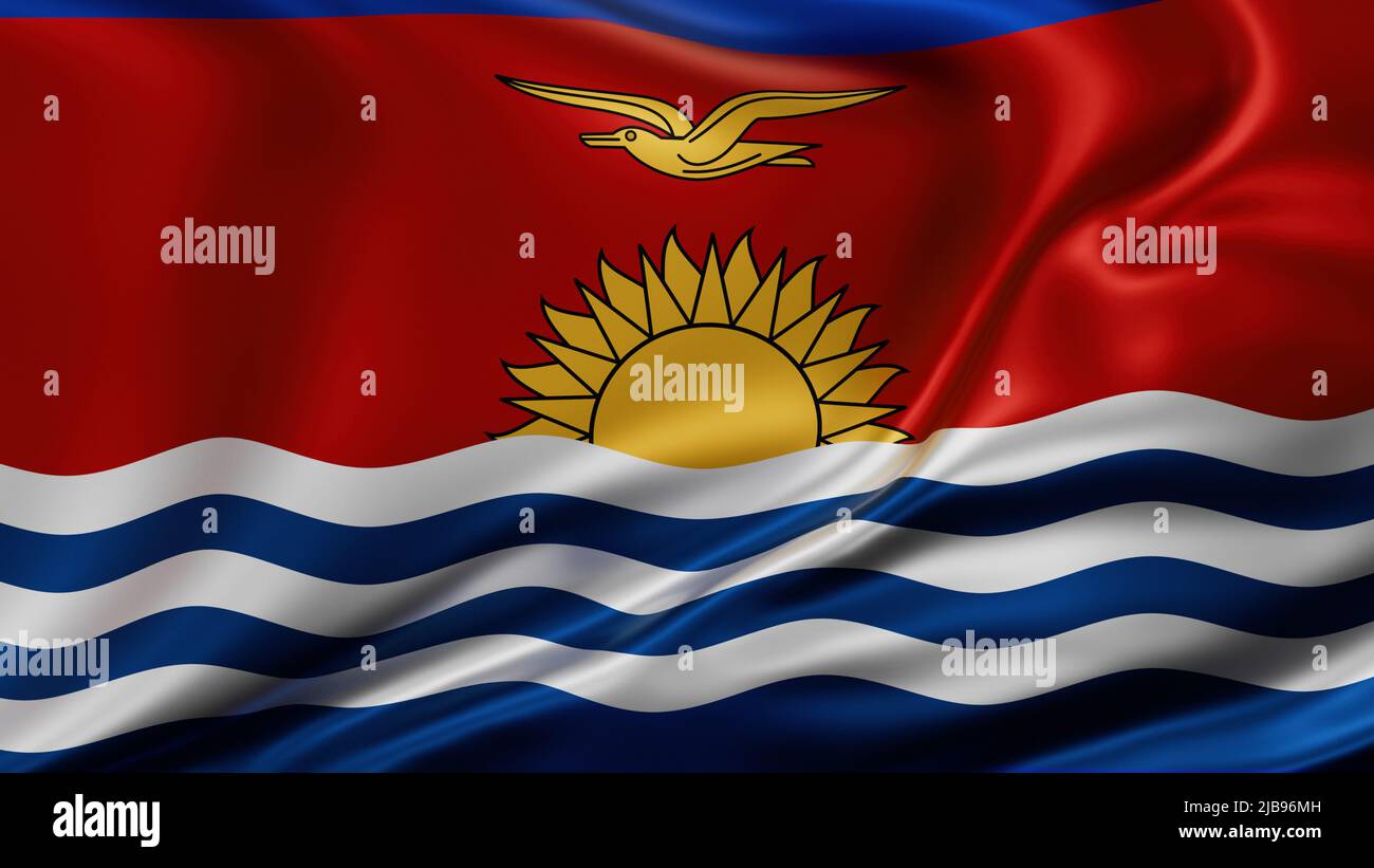 Kiribati flag full screen background, silk farbric, close up waving in the wind Stock Photo