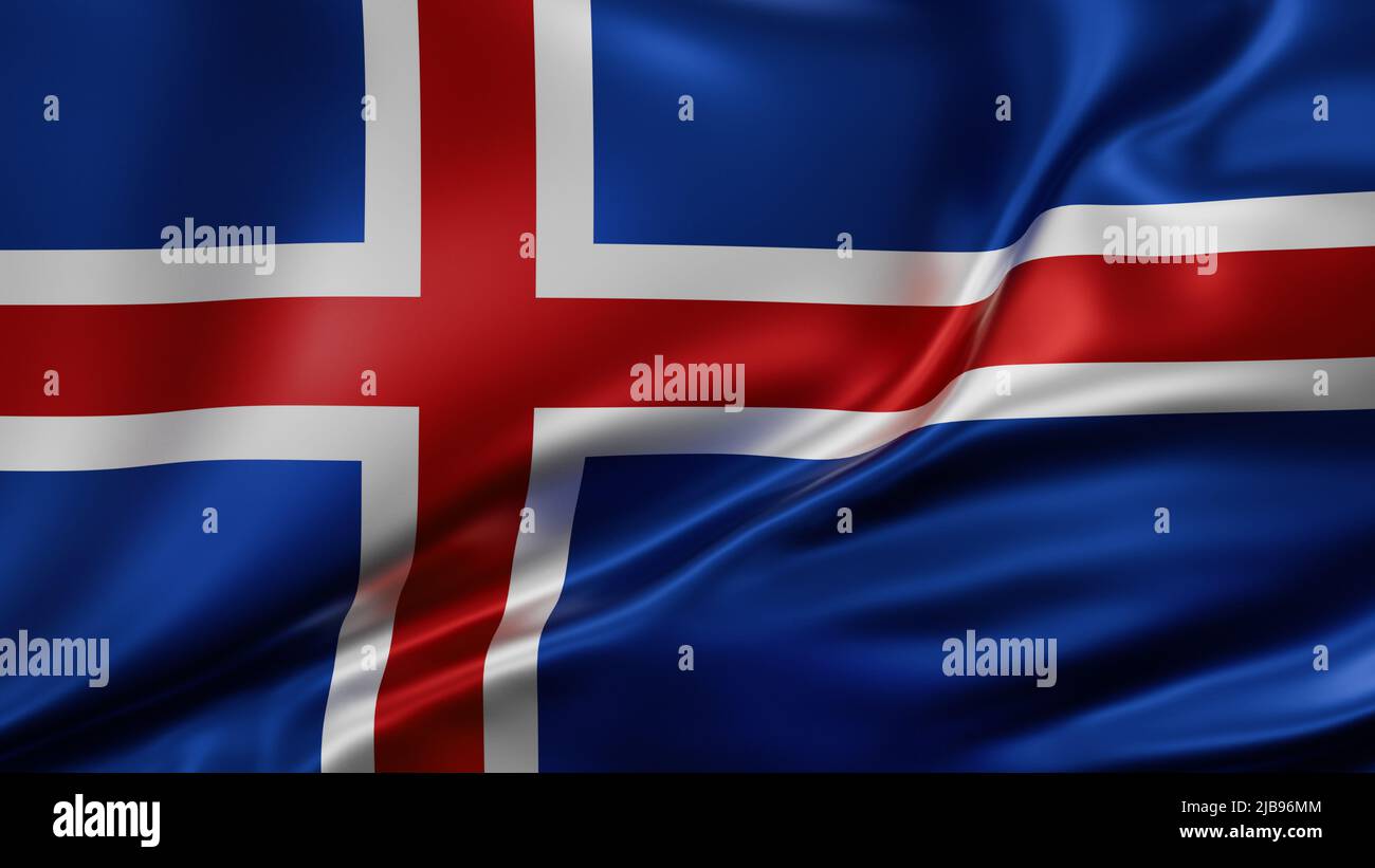 Iceland national flag full screen background, silk farbric, close up waving in the wind Stock Photo