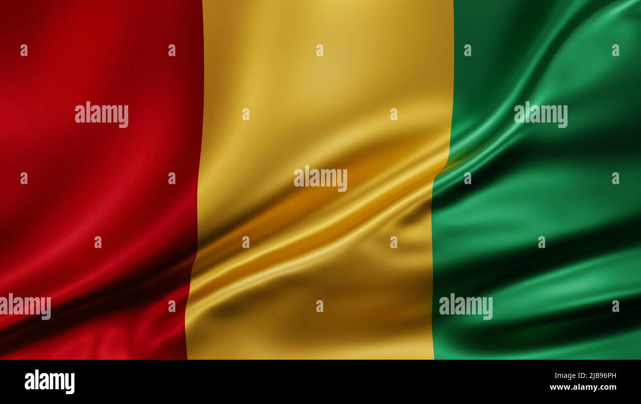 Republic of Guinea national flag full screen background, silk farbric, close up waving in the wind Stock Photo