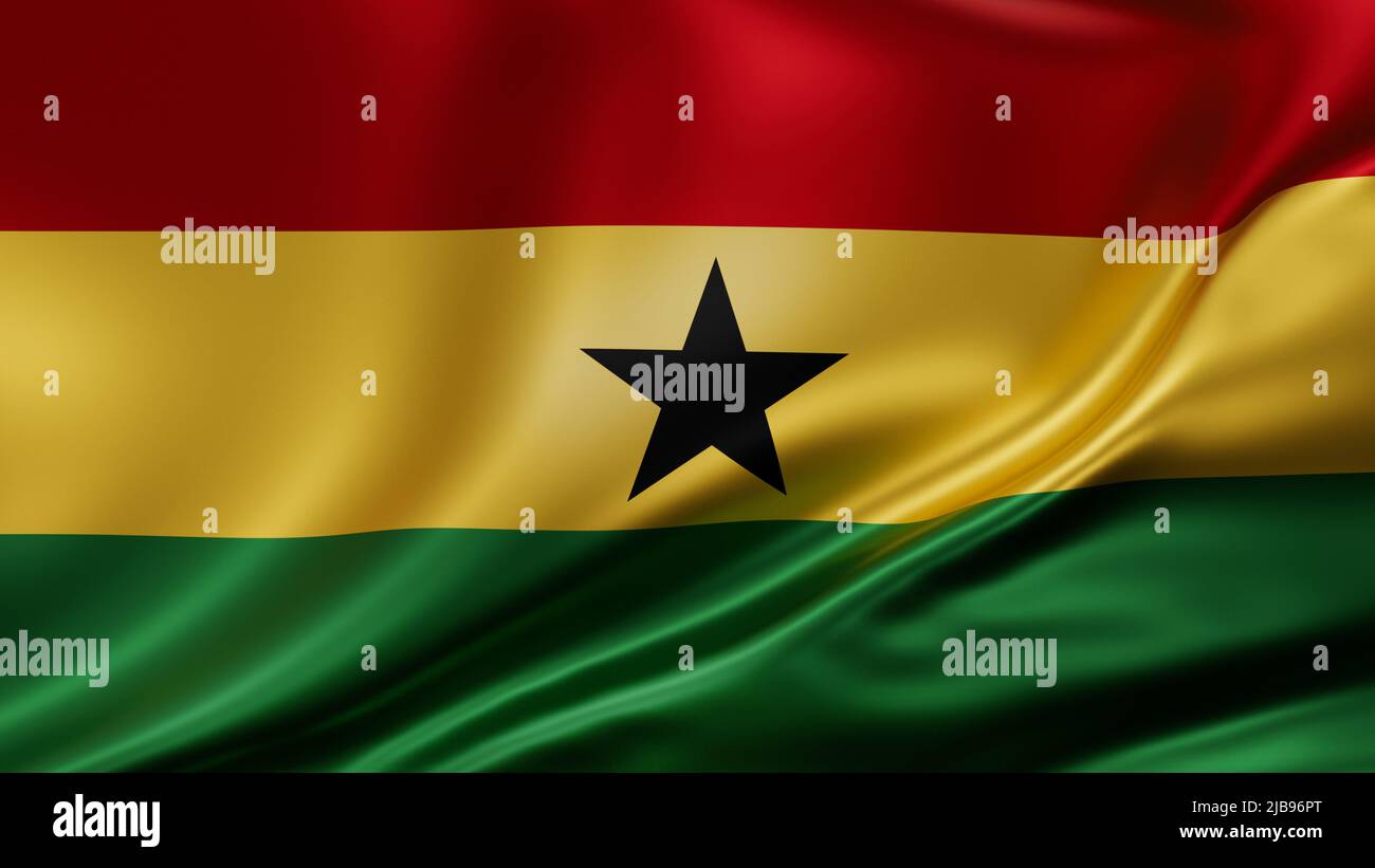 Ghana national flag full screen background, silk farbric, close up waving in the wind Stock Photo