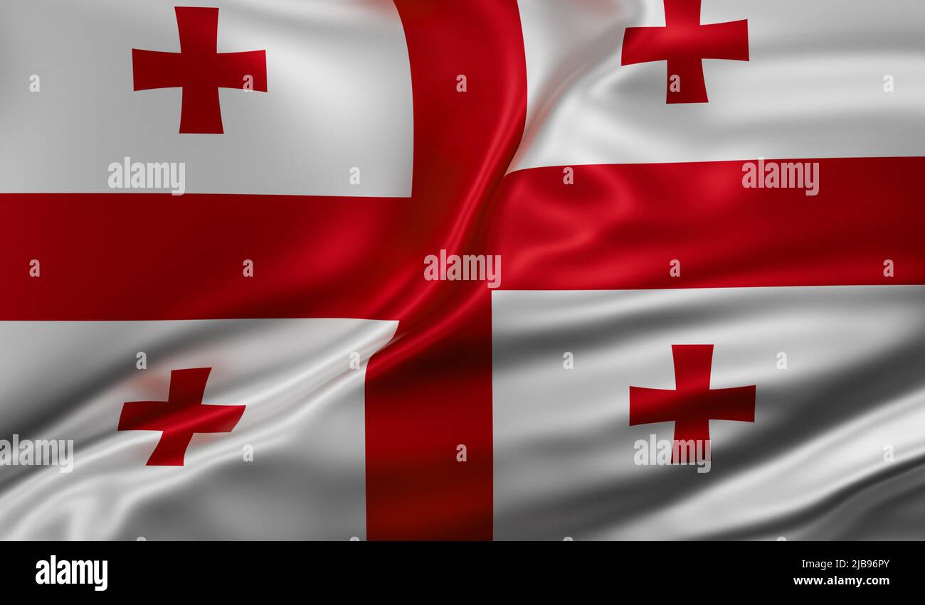 Georgia national flag full screen background, silk farbric, close up waving in the wind Stock Photo