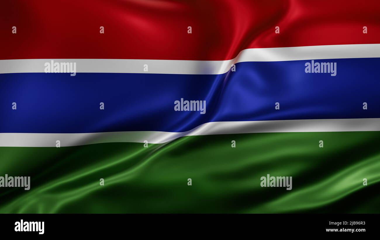 Gambia national flag full screen background, silk farbric, close up waving in the wind Stock Photo