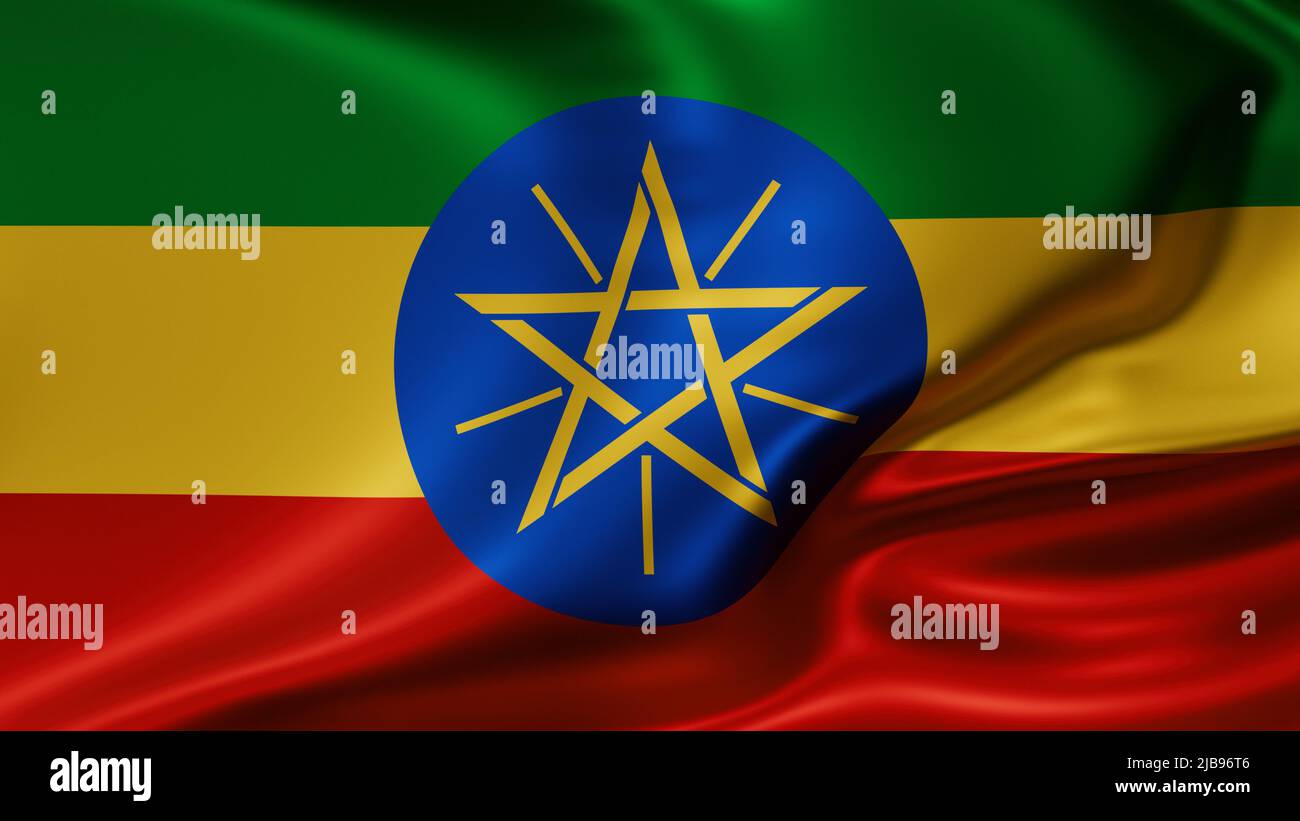 Ethiopia national flag full screen background, silk farbric, close up waving in the wind Stock Photo