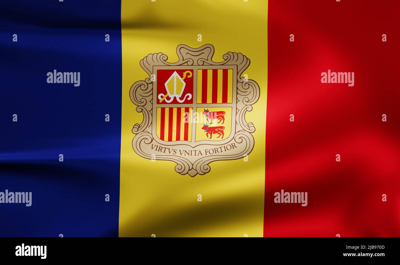 Andorra national flag full screen background, silk farbric, close up waving in the wind Stock Photo