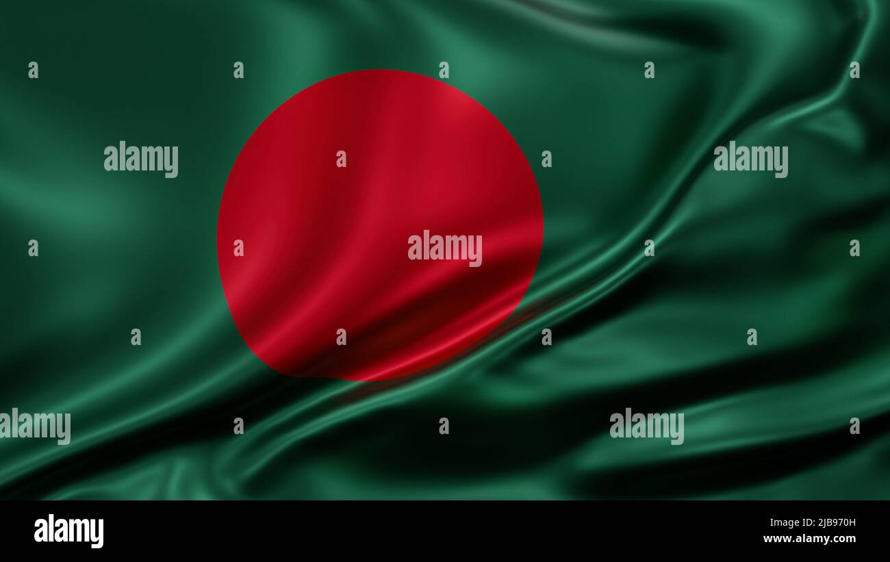 Bangladesh national flag full screen background, silk farbric, close up waving in the wind Stock Photo