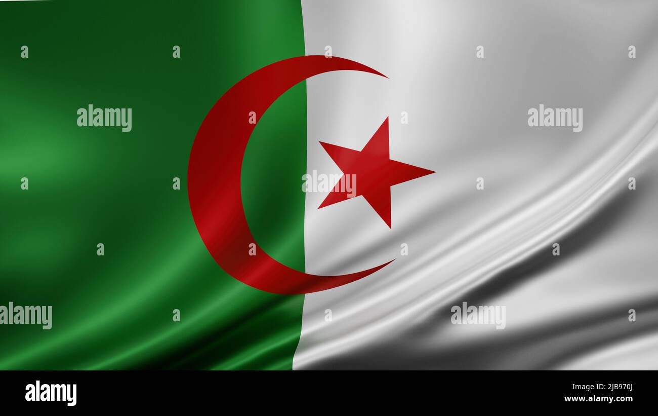 Algeria national flag full screen background, silk farbric, close up waving in the wind Stock Photo