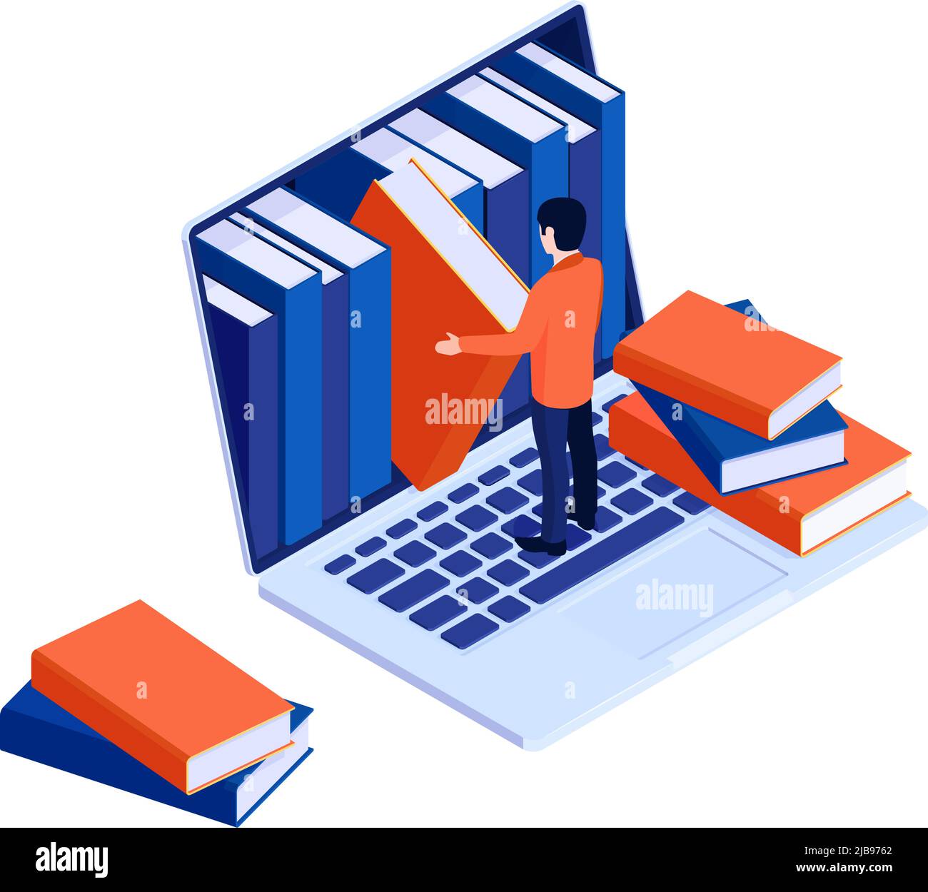 Isometric online library concept with computer and man choosing book 3d vector illustration Stock Vector