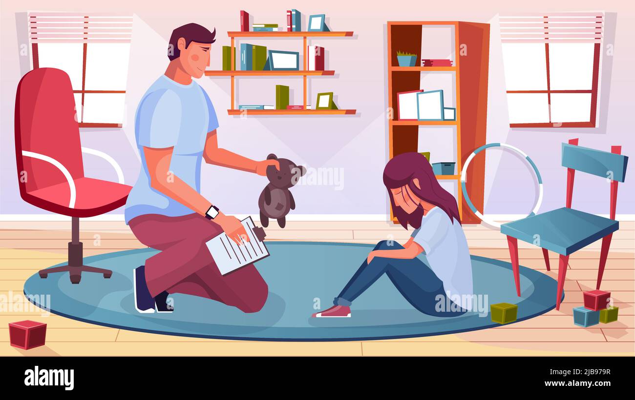 Child psychologist background with problem and trauma symbols flat