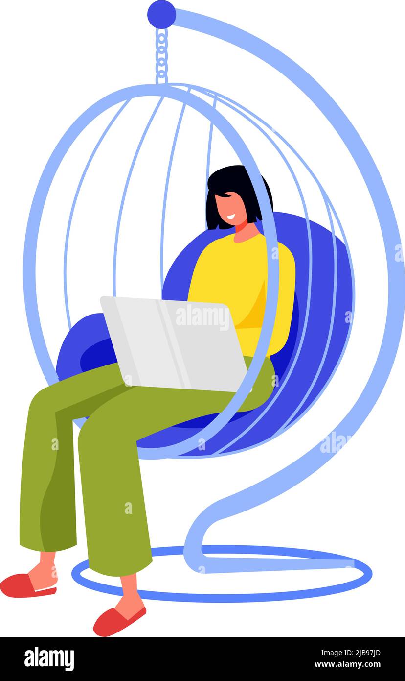 Freelance people work composition with female character sitting in hanging chair with laptop computer vector illustration Stock Vector