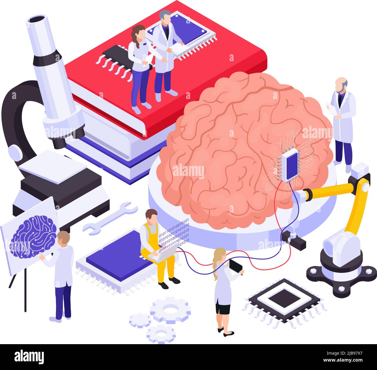 Brain implants innovative nanotechnologies research isometric composition with electronic microscope automatic robotic arm chip placing vector illustr Stock Vector
