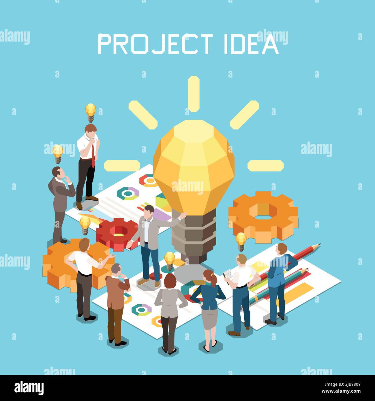 Project management isometric composition with text and polygonal icon ...
