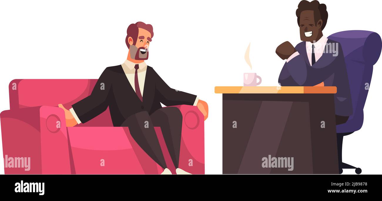 Political talk show composition with guest on sofa and host at table