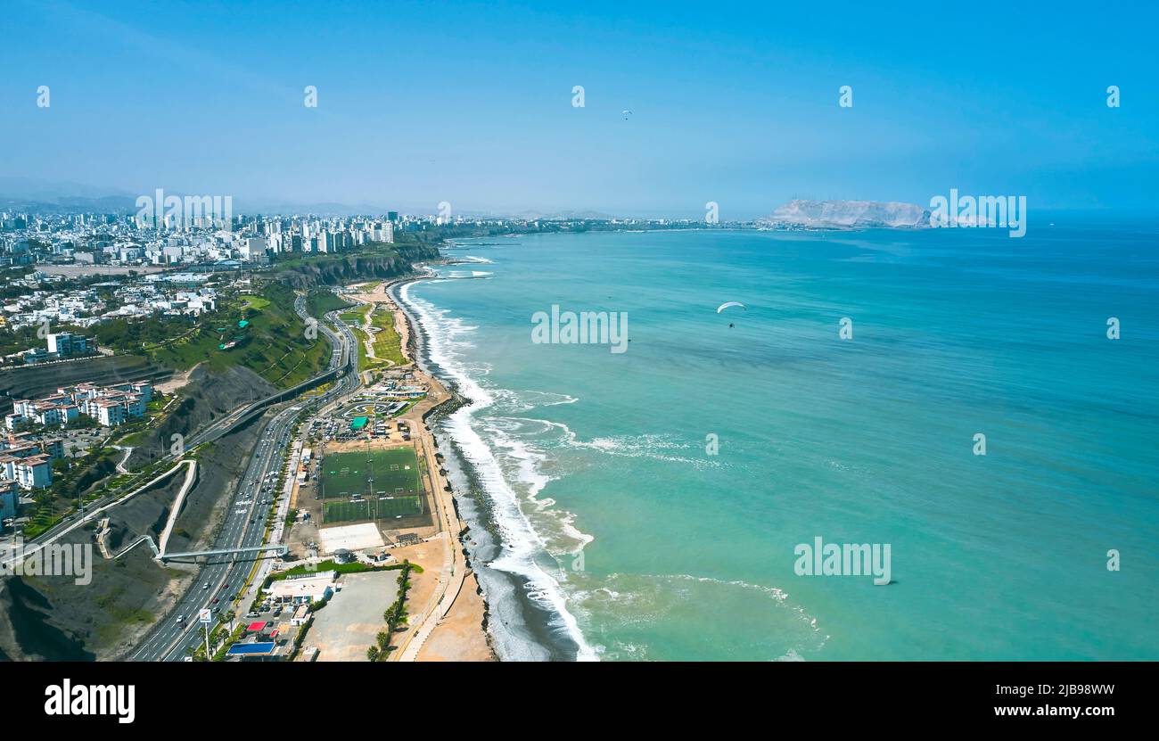 Aerial view of the Great Bay of Lima, cliff and the Costa Verde high way. Stock Photo