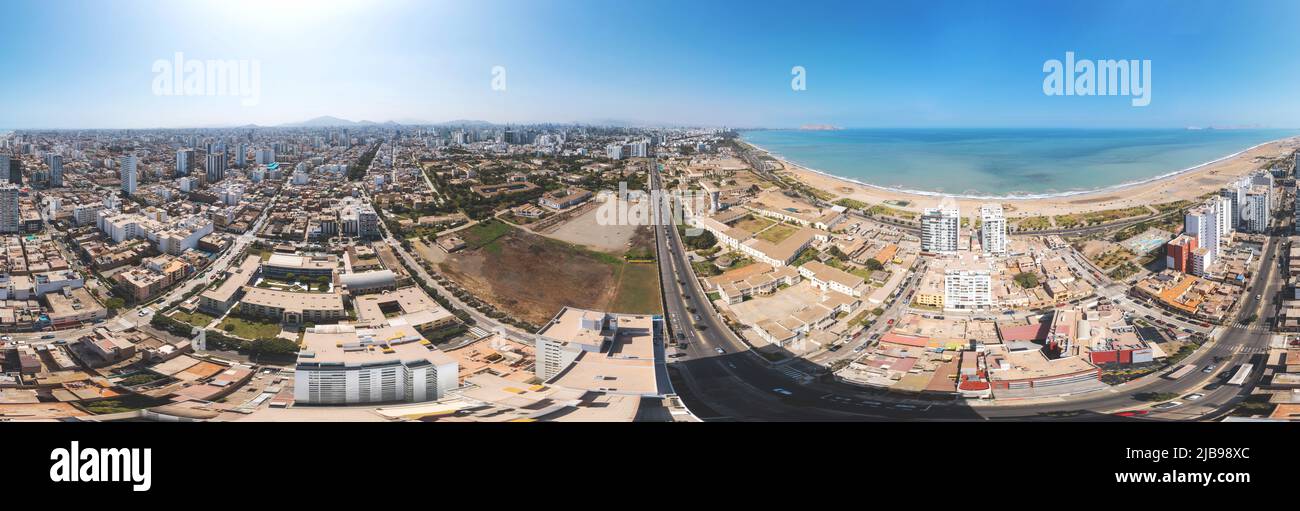 360 view panoramic of the Great Bay of Lima, cliff and the Costa Verde high way. Stock Photo