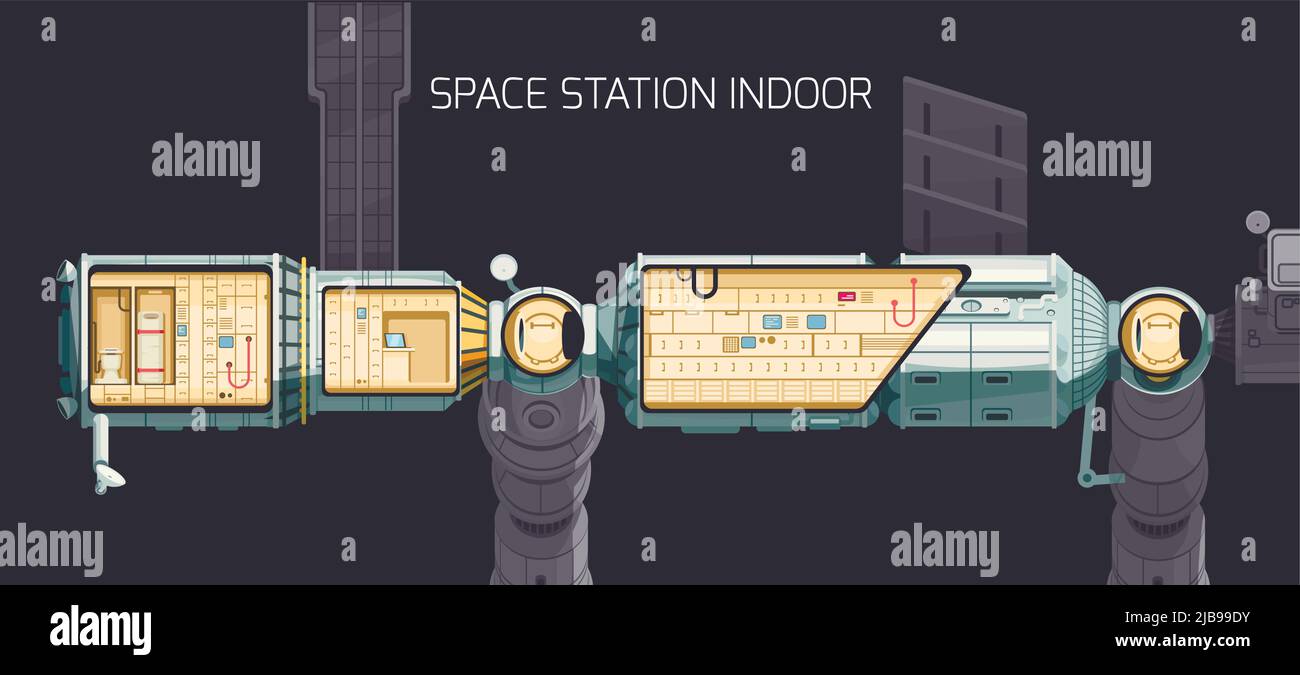 Orbital international space station indoor composition and you can look at the station premises from the inside vector illustration Stock Vector
