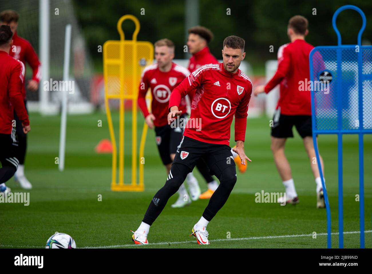 Hensol, UK. 04th June, 2022. Aaron Ramsey of Wales in training. Wales MD1 Training Session at The Vale Resort on the 4th June 2022 ahead of the 2022 FIFA World Cup Play Off Final against Ukraine. Credit: Lewis Mitchell/Alamy Live News Stock Photo