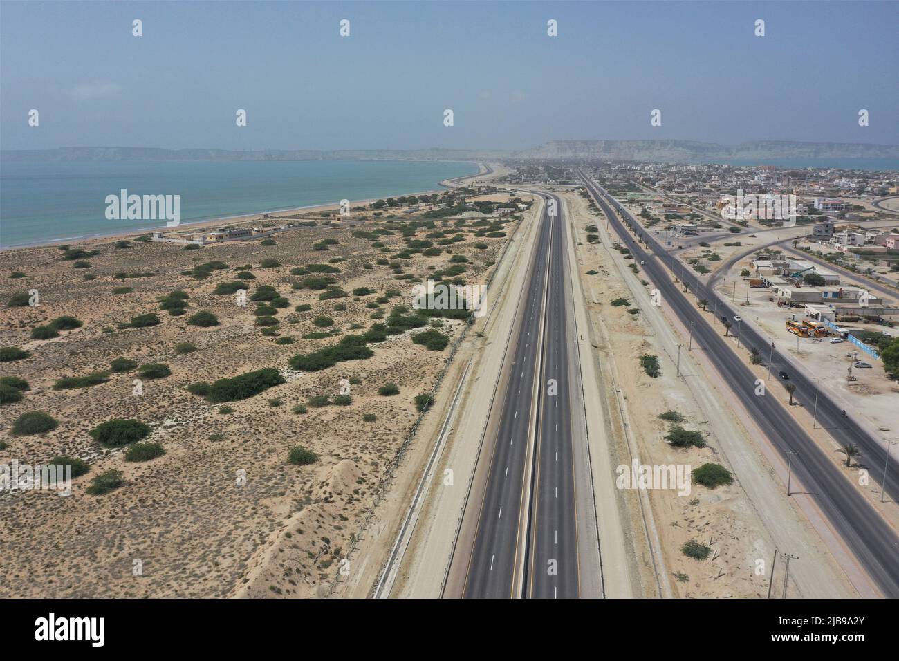 Gwadar, Pakistan. 3rd June, 2022. Aerial photo taken on June 3, 2022 shows a section of the China-aided Eastbay Expressway of Gwadar port in Gwadar of Pakistan's southwest Balochistan province. TO GO WITH 'China-aided Eastbay Expressway of Gwadar port in Pakistan opened to traffic' Credit: Jiang Chao/Xinhua/Alamy Live News Stock Photo