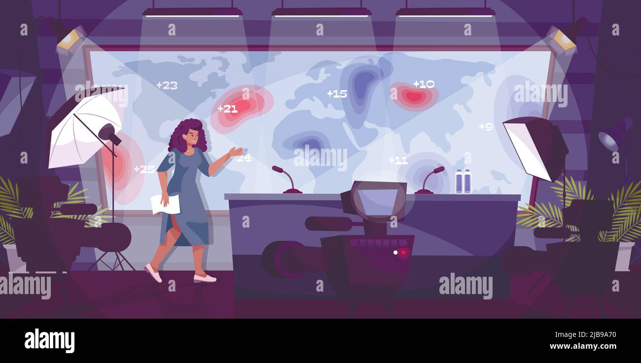 Weather forecast flat composition with indoor scenery of tv studio with ...