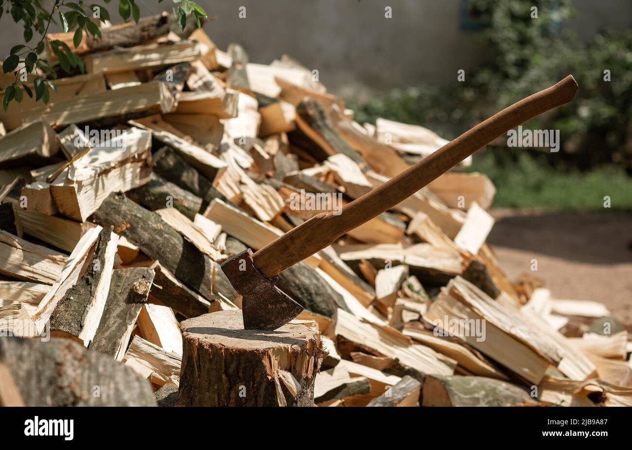Ax on the background of chopped firewood for kindling the stove Stock Photo