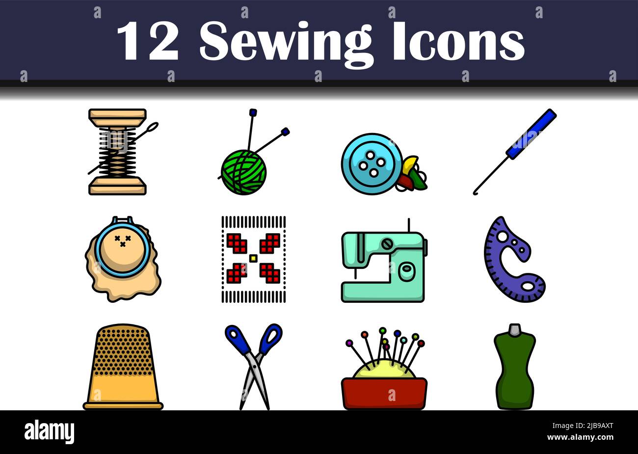 Sewing Icon Set. Editable Bold Outline With Color Fill Design. Vector Illustration. Stock Vector