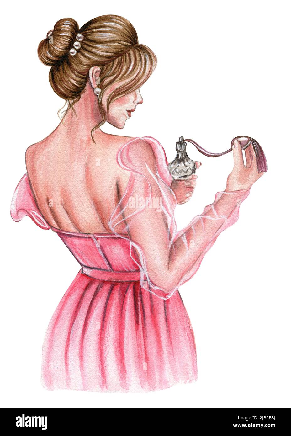 Watercolor fashion girl in pink dress with perfume bottle Stock Photo