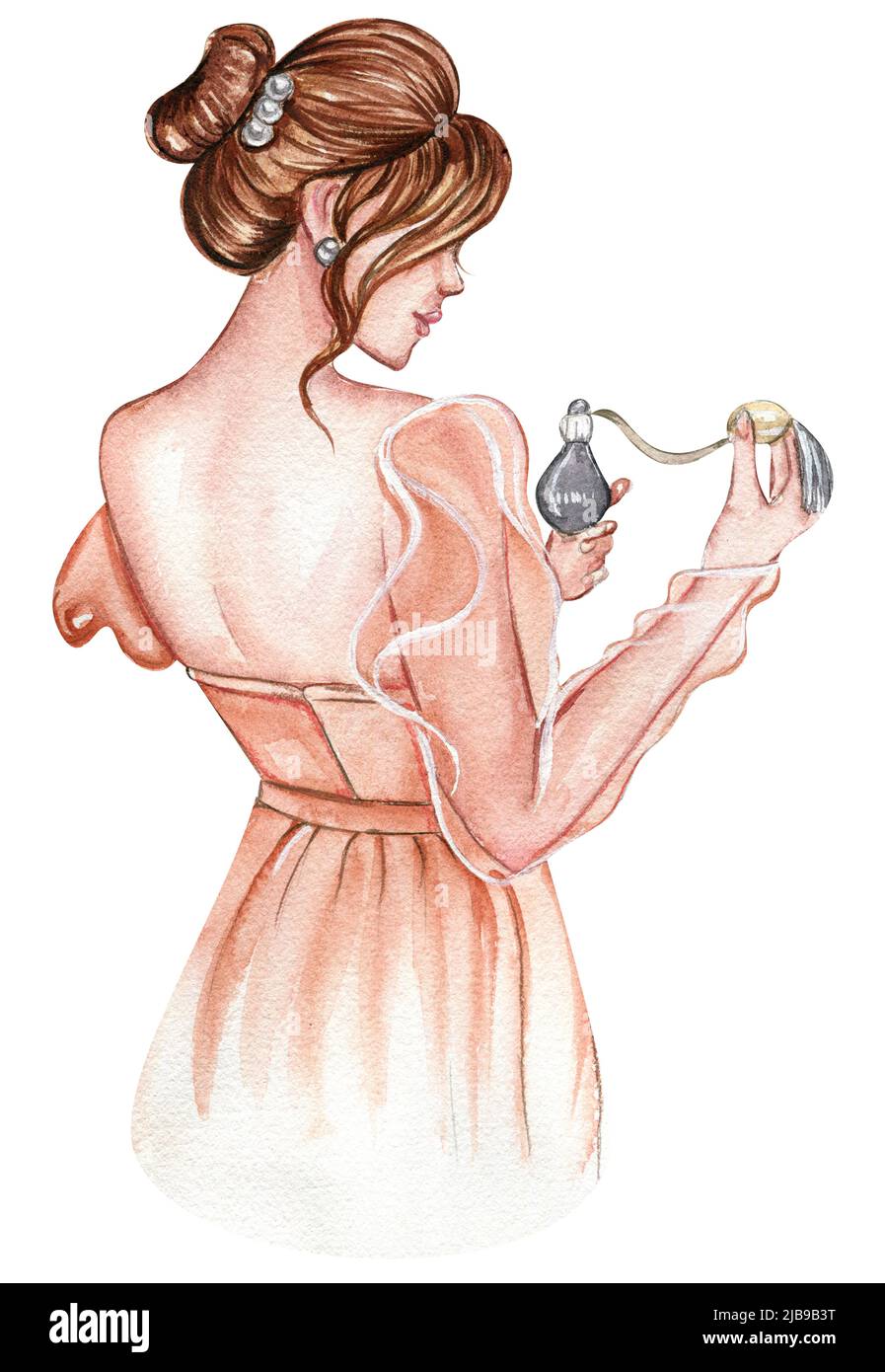 Watercolor fashion girl in pink dress with perfume bottle Stock Photo ...