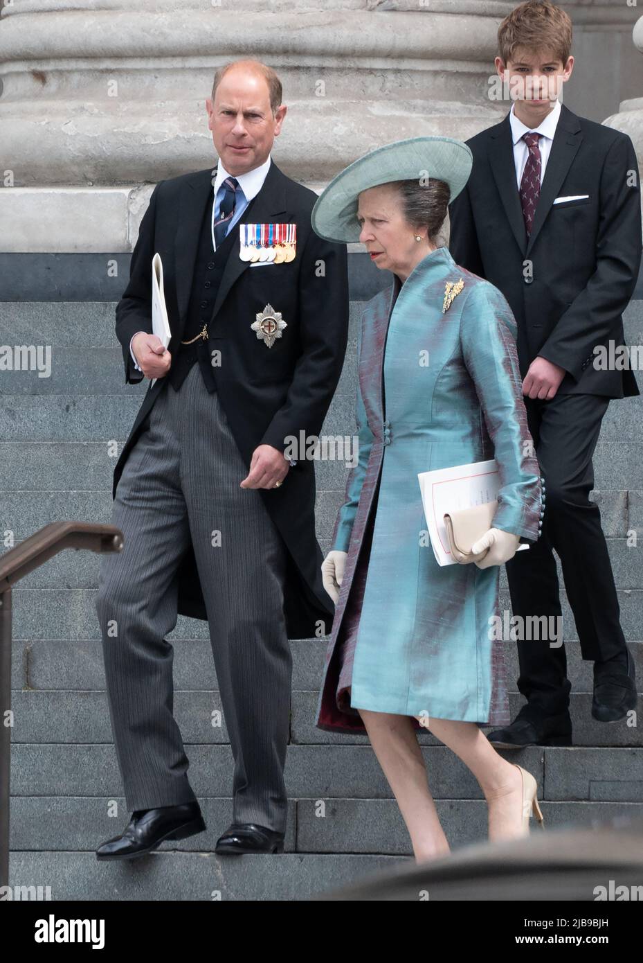 London, UK. 03rd June, 2022. LONDON, UK. June 3, 2022: Princess Anne, the Princess Royal & Prince Edward, Earl of Wessex & James Viscount Severn leaving the National Service of Thanksgiving to celebrate the Platinum Jubilee of Her Majesty The Queen part of the Platinum Jubilee celebrations, St Paul's Cathedral. Picture Credit: Paul Smith/Alamy Live News Stock Photo