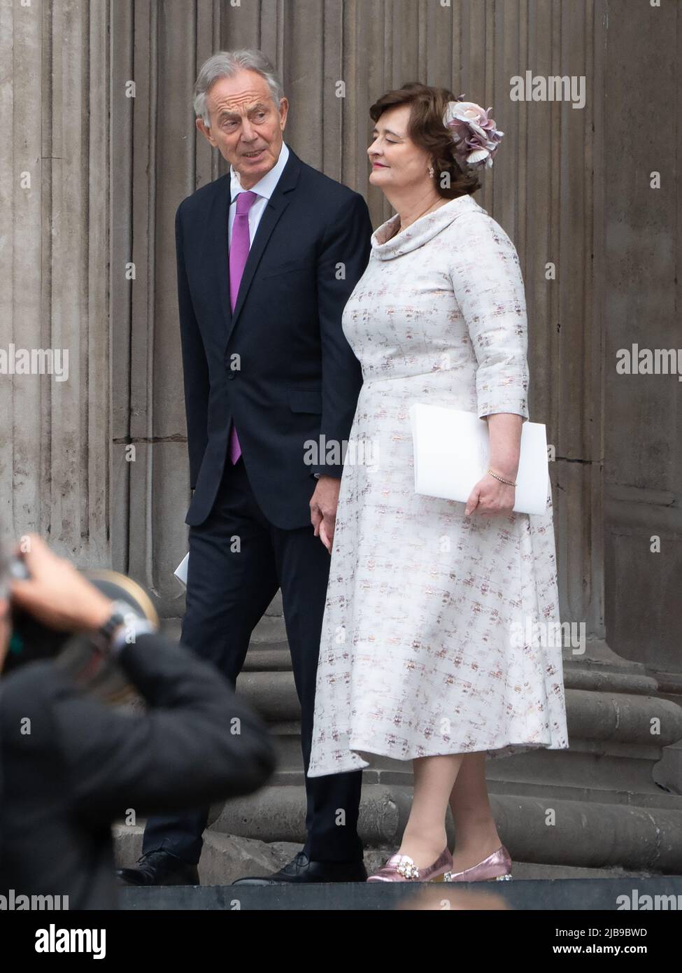 London, UK. 03rd June, 2022. LONDON, UK. June 3, 2022: Tony Blair & Cherie Blair leaving the National Service of Thanksgiving to celebrate the Platinum Jubilee of Her Majesty The Queen part of the Platinum Jubilee celebrations, St Paul's Cathedral. Picture Credit: Paul Smith/Alamy Live News Stock Photo