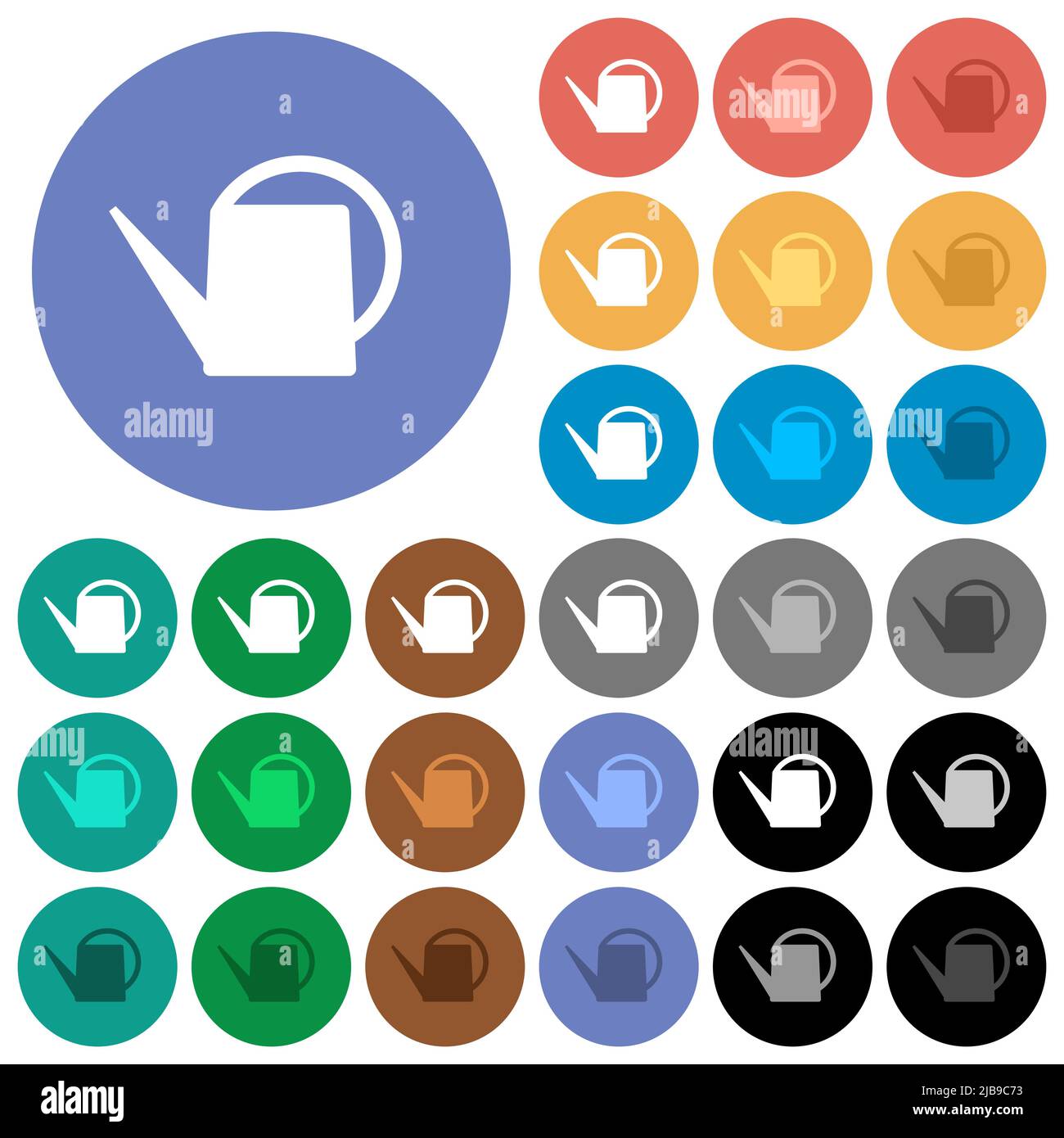 Watering can multi colored flat icons on round backgrounds. Included white, light and dark icon variations for hover and active status effects, and bo Stock Vector