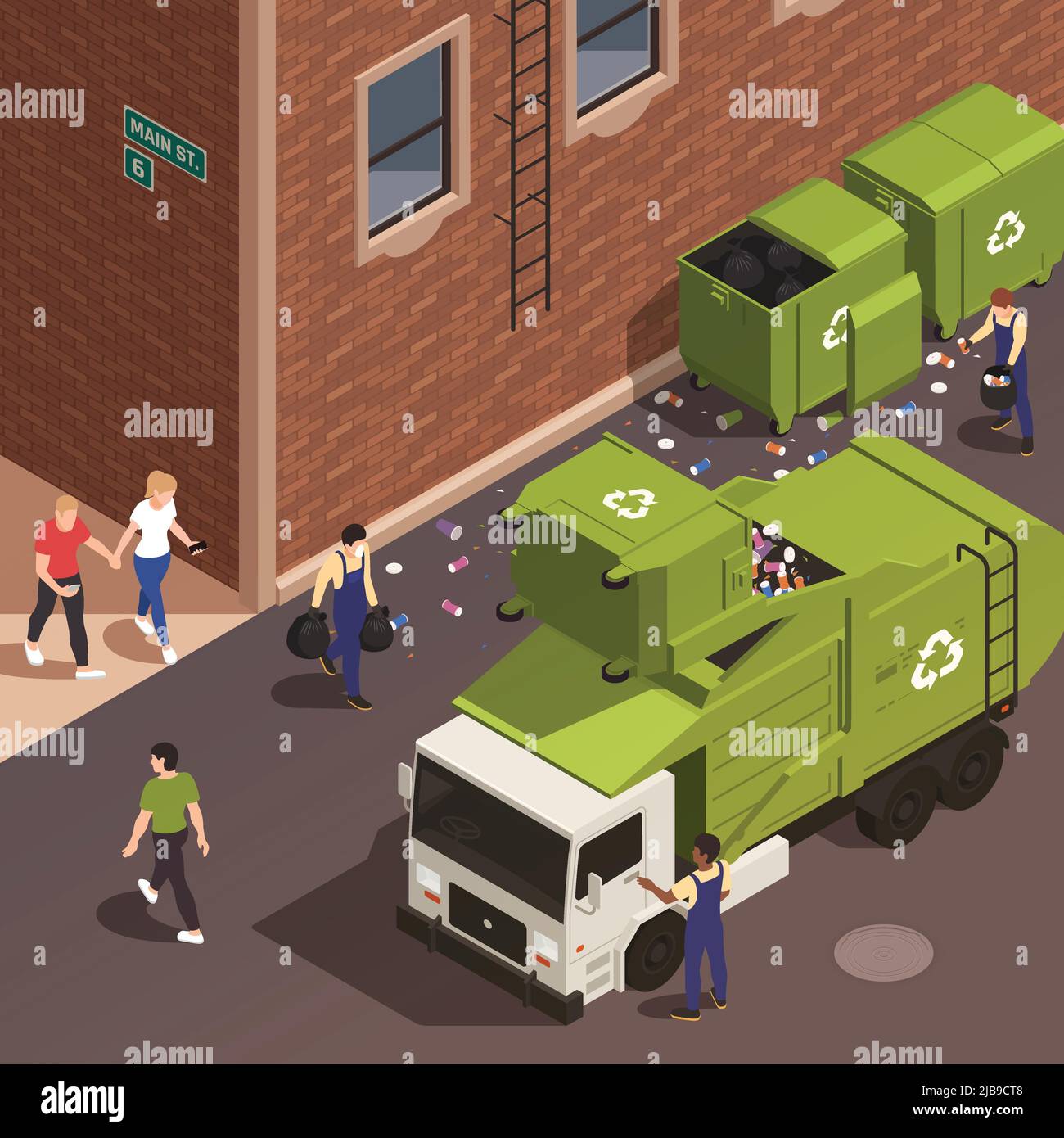 Garbage removal isometric poster with waste pickers in uniform loading