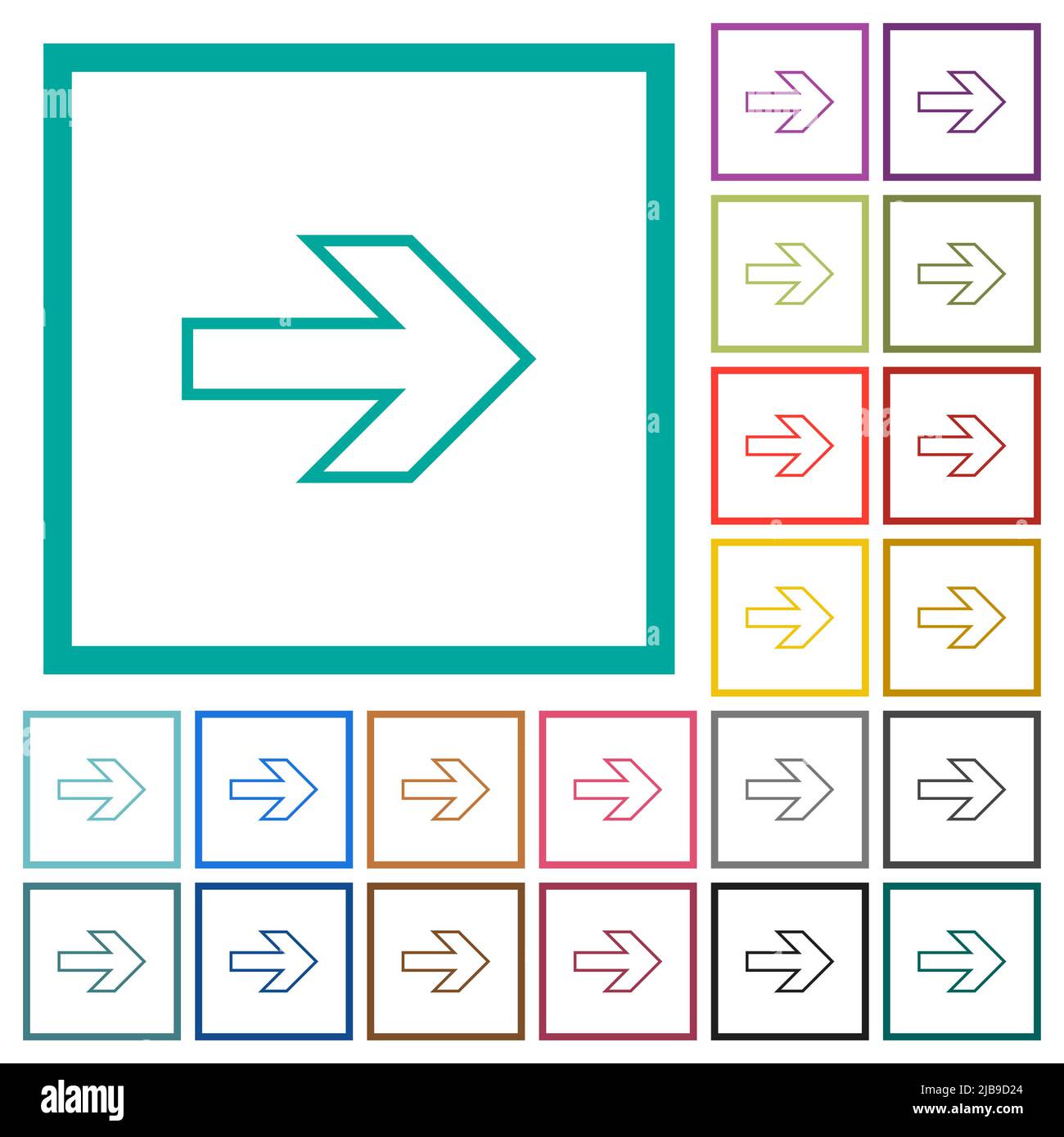 Right arrow outline flat color icons with quadrant frames on white ...