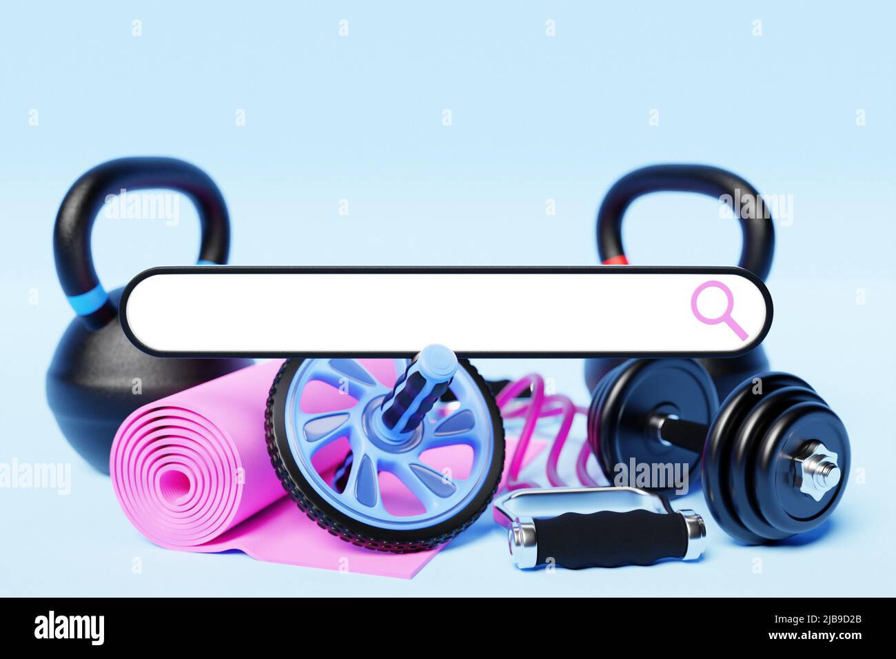 3D illustration, search bar design element with sports equipment