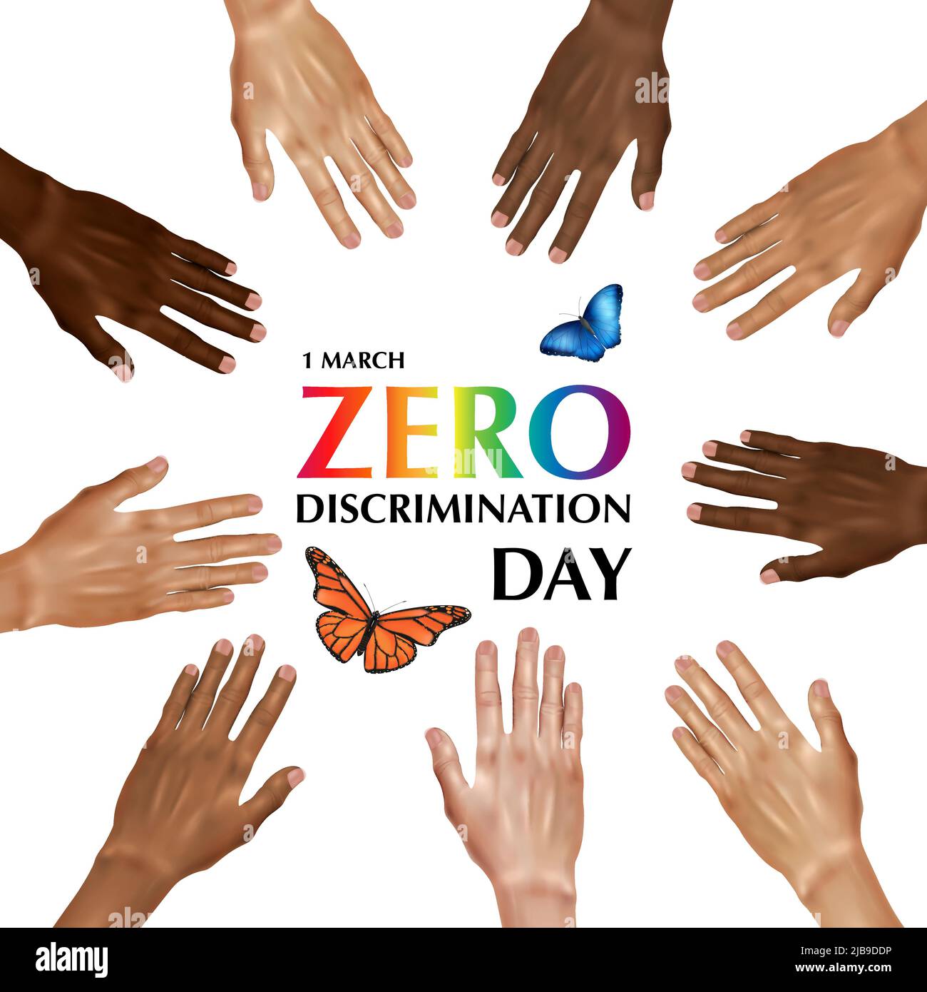 Zero discrimination day composition with colorful text surrounded by human hands of different color with butterflies vector illustration Stock Vector