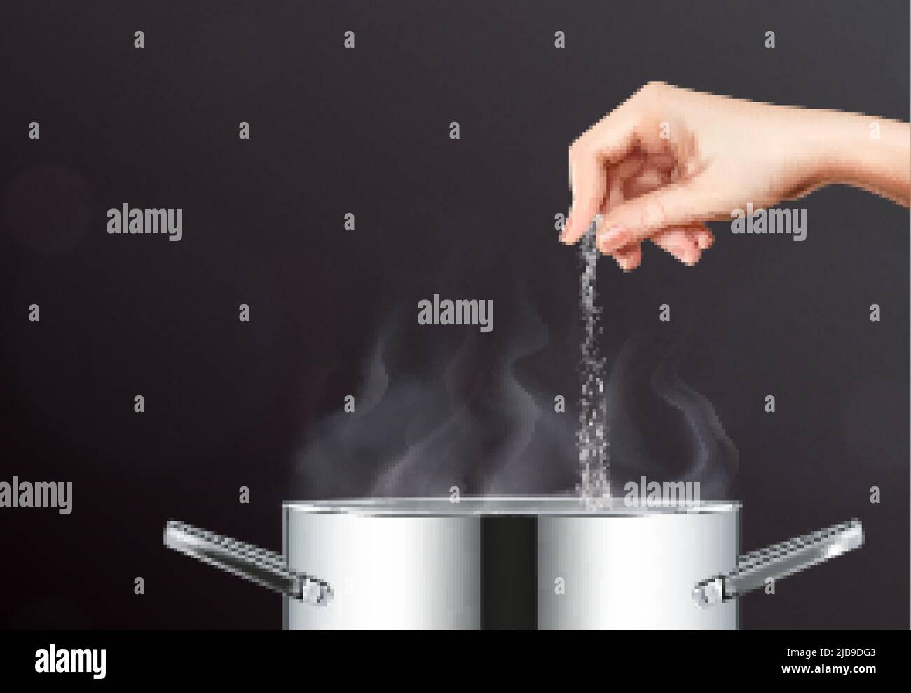 Salt and pot realistic composition with human hand pouring salt into