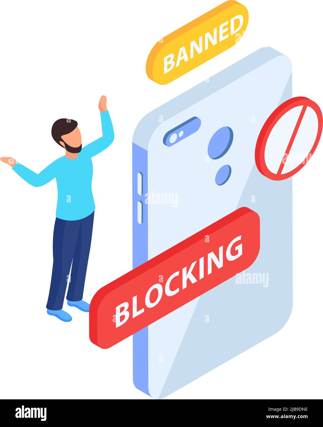 Blocking internet banned user isometric icon with human character and smartphone 3d vector illustration Stock Vector