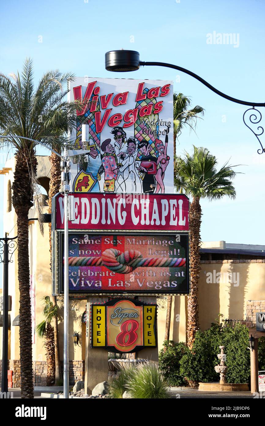 Las Vegas, USA. 03rd June, 2022. The Viva Las Vegas Wedding Chapel sign is displayed on Las Vegas Blvd. Authentic Brands Group, which owns Elvis Presley's intellectual property rights, has sent several Las Vegas wedding chapels cease-and-desist letters requesting them to stop using Elvis Presley's image and likeness in their operations. Credit: SOPA Images Limited/Alamy Live News Stock Photo