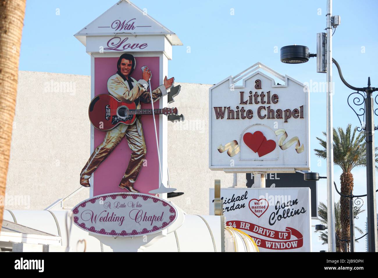 Las Vegas, USA. 03rd June, 2022. A replica of Elvis Presley is displayed on a sign in front of the Little White Chapel. Authentic Brands Group, which owns Elvis Presley's intellectual property rights, has sent several Las Vegas wedding chapels cease-and-desist letters requesting them to stop using Elvis Presley's image and likeness in their operations. Credit: SOPA Images Limited/Alamy Live News Stock Photo