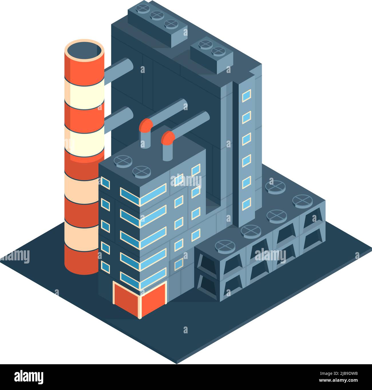 Modern industrial building with chimney 3d factory exterior icon isometric vector illustration Stock Vector