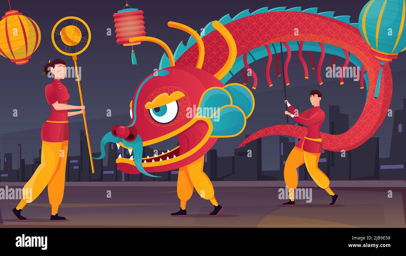 Outdoor dragon dance in chinese new year celebration flat vector illustration Stock Vector
