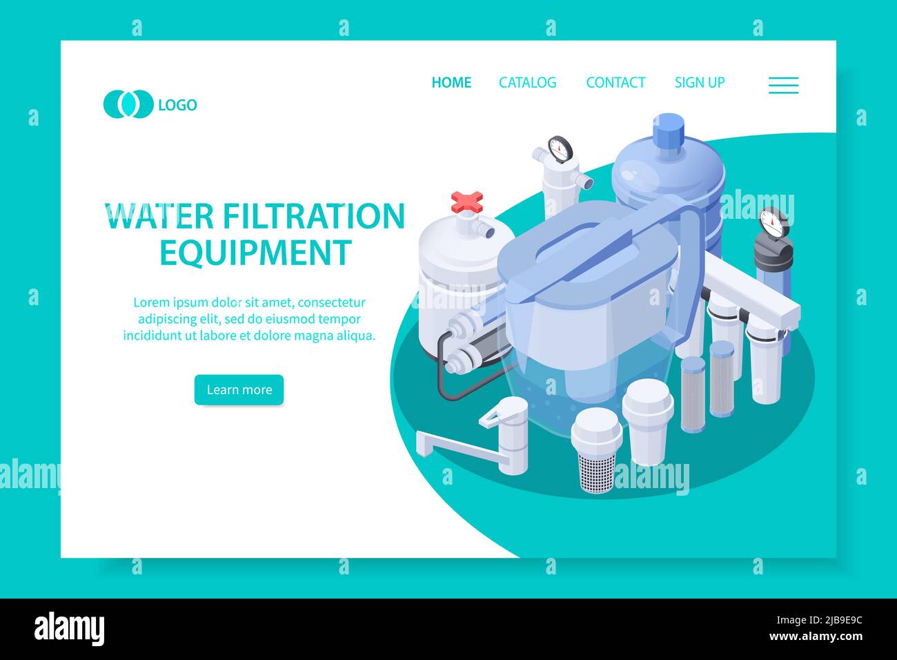 Isometric web site page with 3d icon of water filtration equipment ...