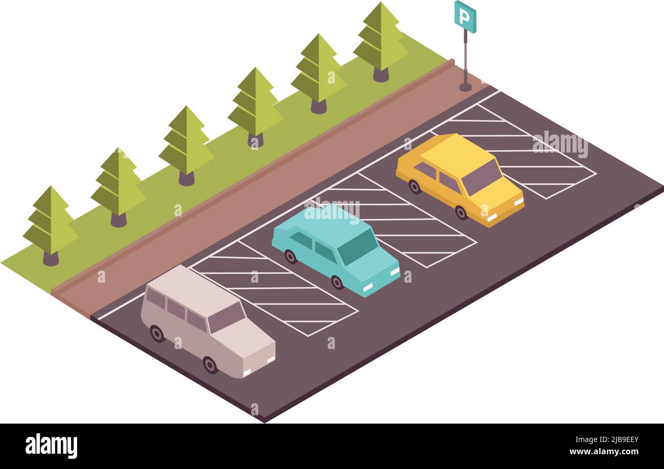 Road set isometric composition with view of parking area with cars ...