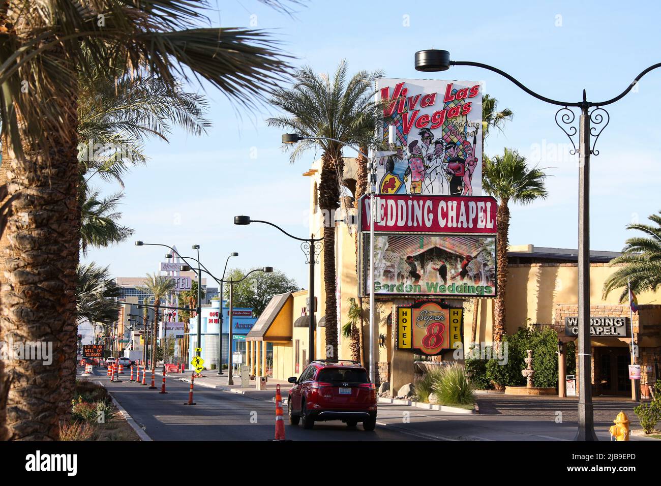 Las Vegas, United States. 03rd June, 2022. The Viva Las Vegas Wedding Chapel sign is displayed on Las Vegas Blvd. Authentic Brands Group, which owns Elvis Presley's intellectual property rights, has sent several Las Vegas wedding chapels cease-and-desist letters requesting them to stop using Elvis Presley's image and likeness in their operations. (Photo by Gabe Ginsberg/SOPA Images/Sipa USA) Credit: Sipa USA/Alamy Live News Stock Photo