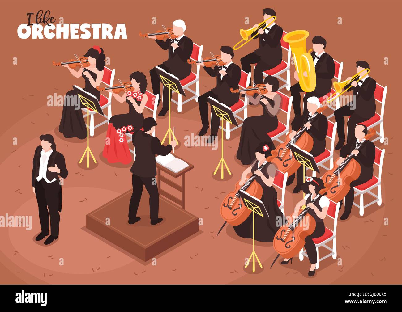 Classical music orchestra isometric composition with singer conductor directing performance violin cello tuba bass players vector illustration Stock Vector