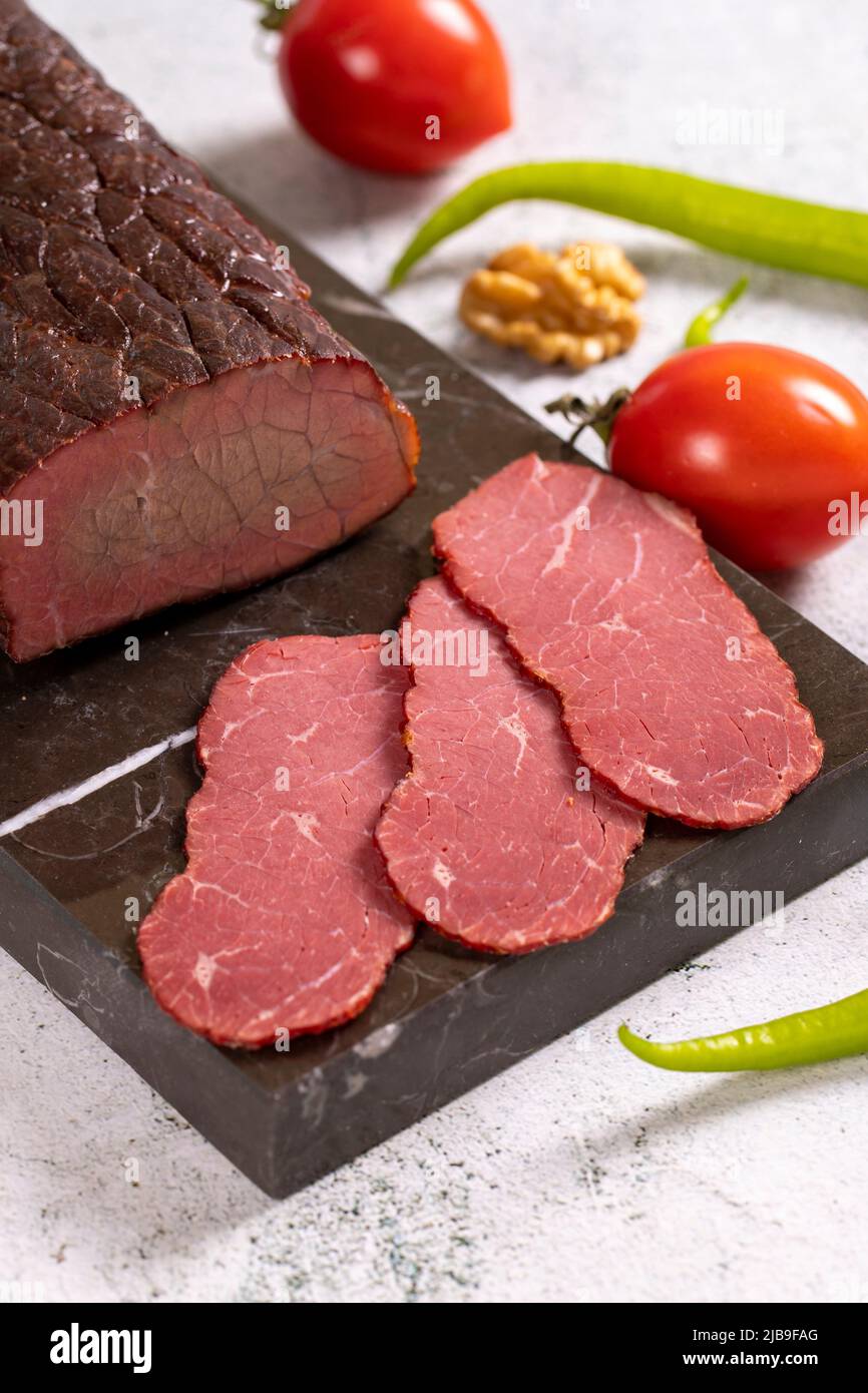 Dry meat. Dried meat made from ribeye meat. Closeup. local name kuru