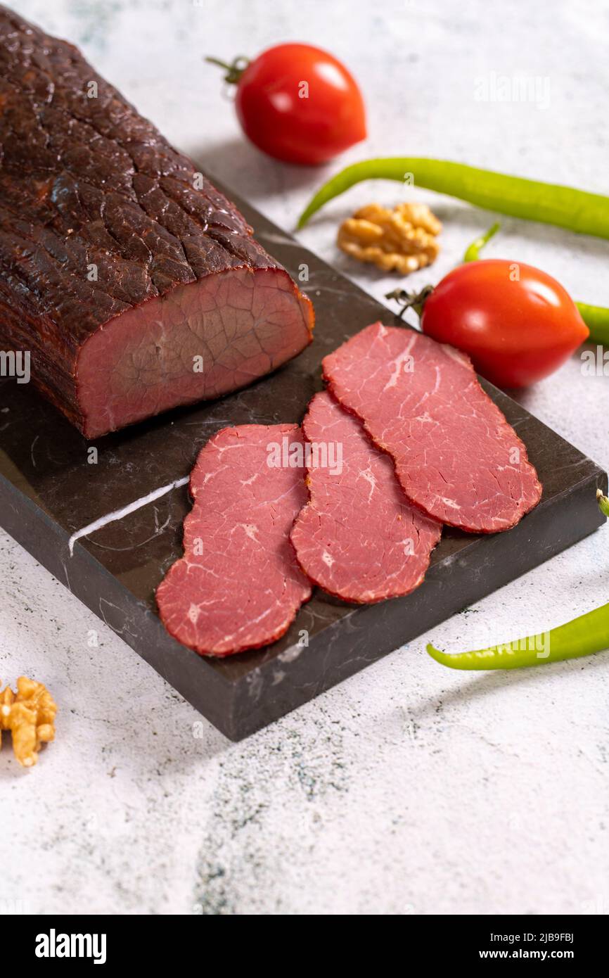 Dry meat. Dried meat made from ribeye meat. Closeup. local name kuru