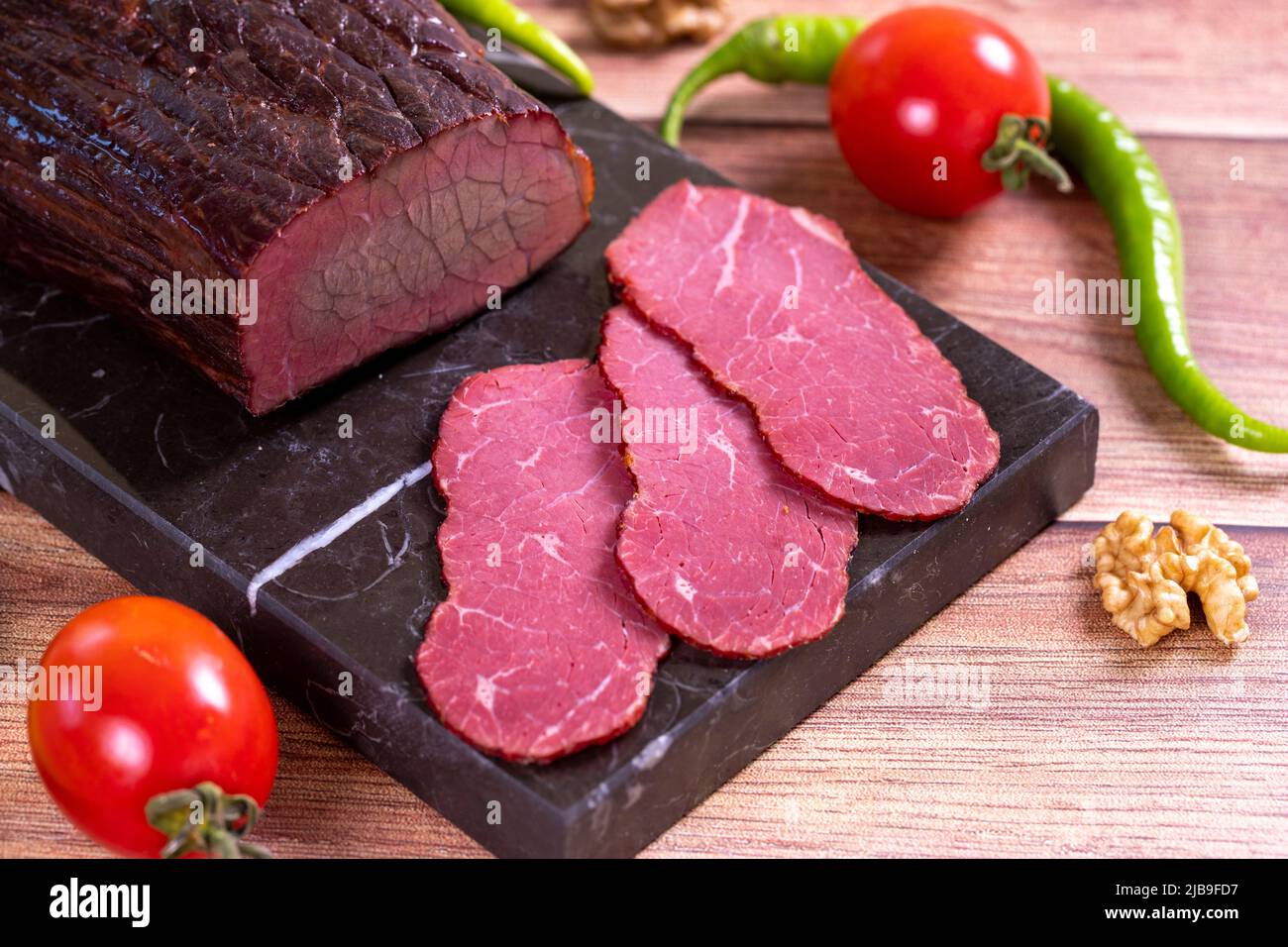 Dry meat. Dried meat made from ribeye meat. Closeup. local name kuru