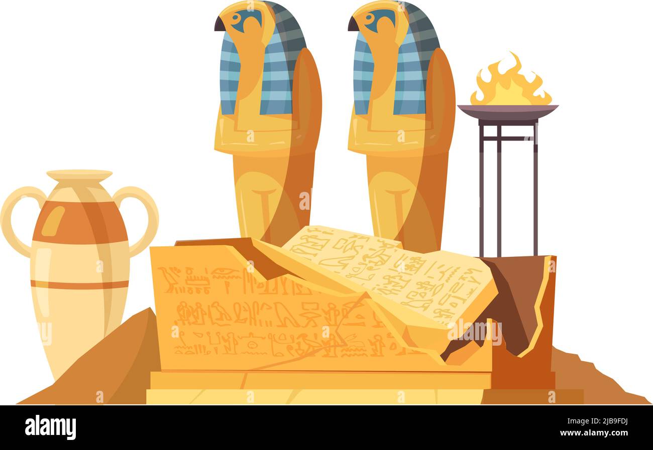 Egyptian composition with images of ancient vase and ritual fire with broken tomb vector illustration Stock Vector