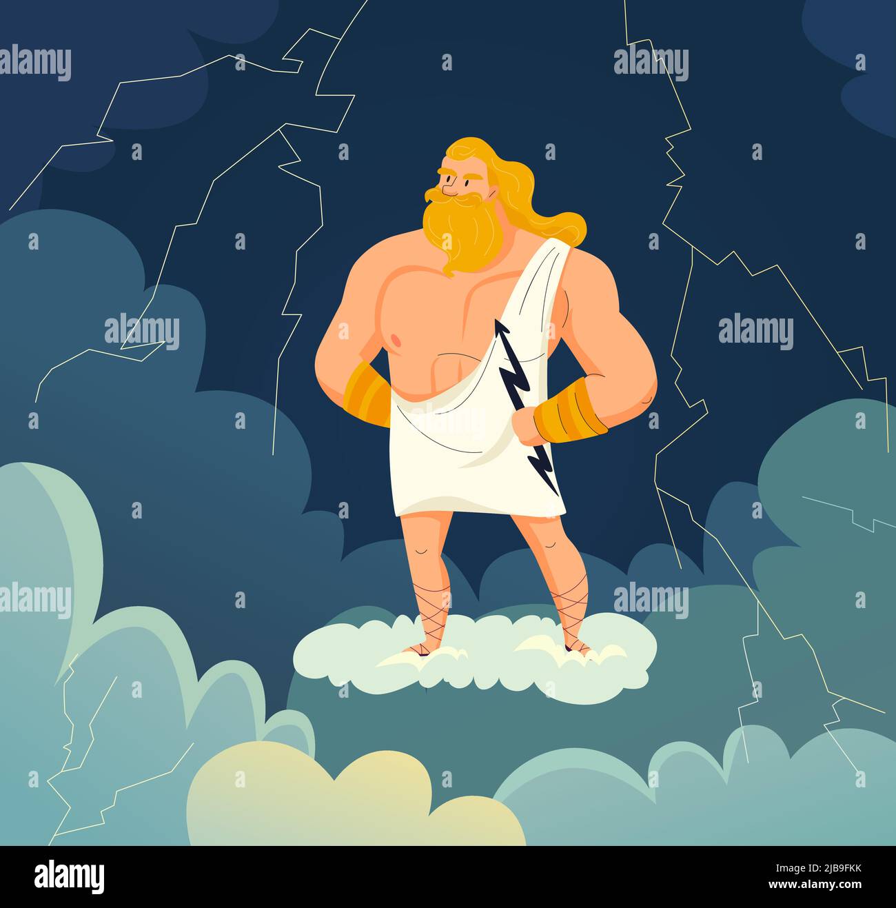 Greek god of sky and thunder zeus holding lightning cartoon vector illustration Stock Vector