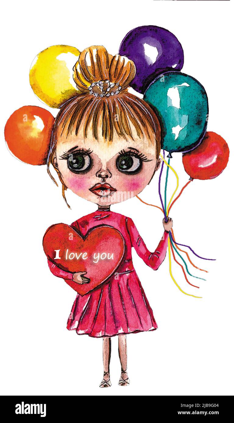 Hand drawn beautiful girl doll with big eyes with colored ballons and with heart i love you.Isolated on white background.Watercolor illustration Stock Photo