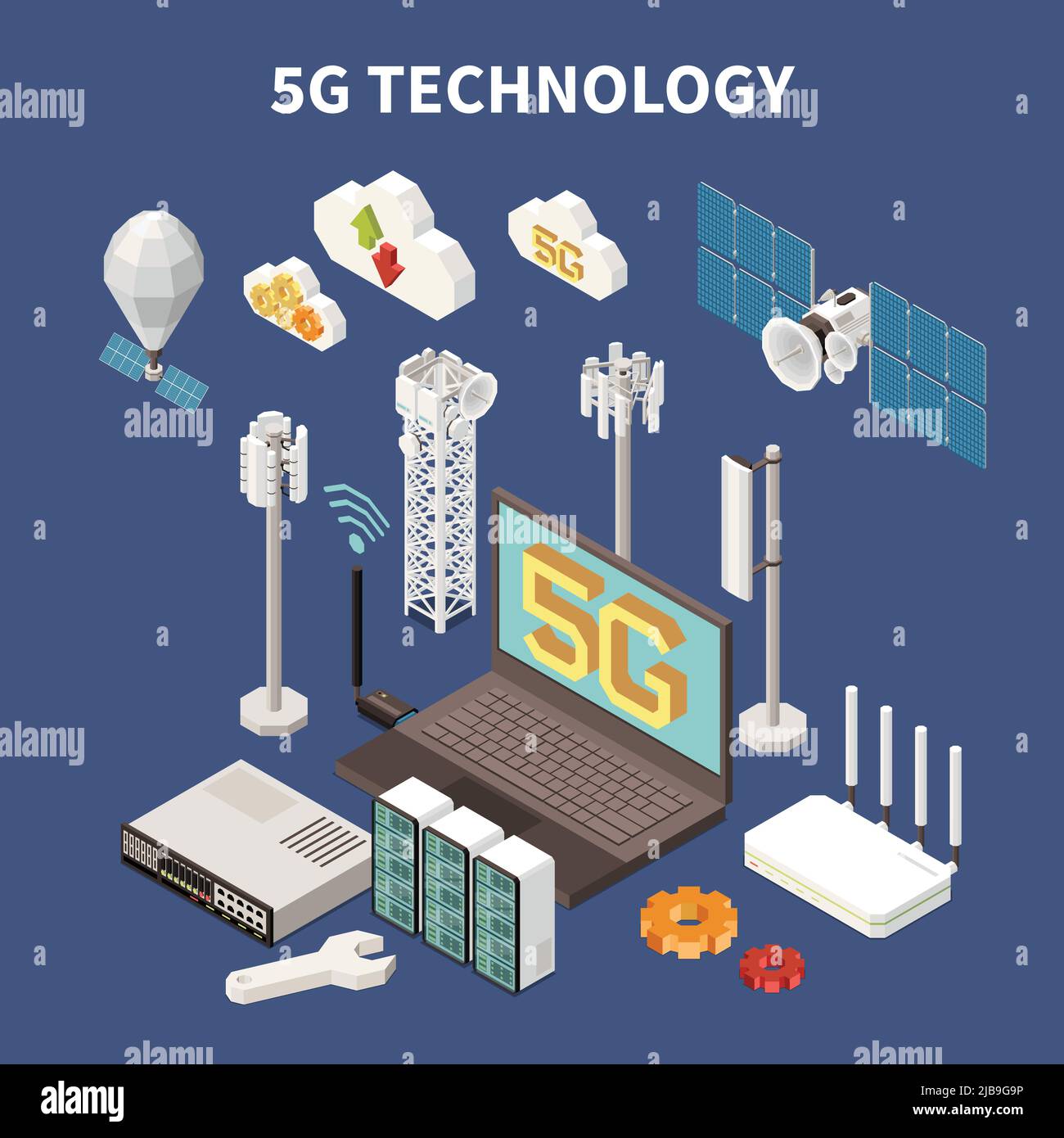 Isometric composition with 5g internet technology equipment and devices ...